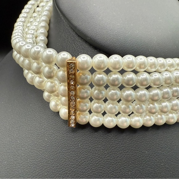 Multi-Strand Faux Pearl Choker with Rhinestone Accents - Wedding Necklace - Picture 10 of 15